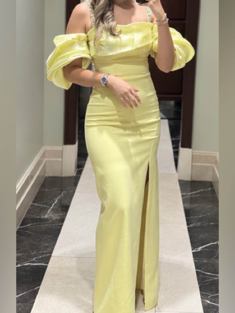 Off-Shoulder Yellow Maxi Gown with Puff Sleeves